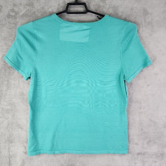 Womens Teal Pendleton Top Silk & Nylon Blend Short Sleeve Round Neck Size L - Picture 8 of 12